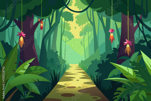 A vibrant vintage illustration of a green forest in the morning, featuring a seamless pattern of foliage, flowers, and a butterfly, perfect for a spring landscape wallpaper