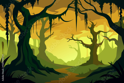 Orange and black Halloween tree silhouette vector illustration in a spooky forest at sunset