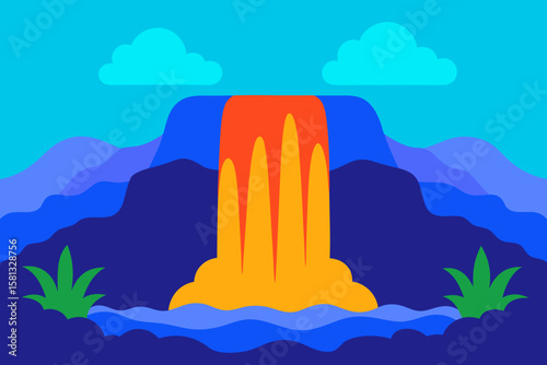 Vector illustration of a summer mountain landscape with a rock, sky, sun, and clouds