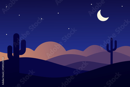 Moon and stars illuminate a dark winter night landscape with silhouetted trees