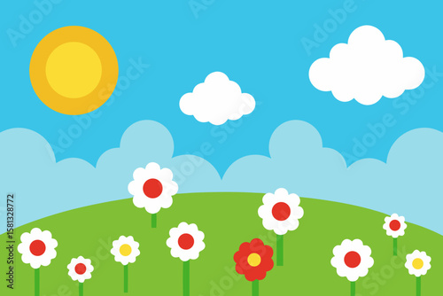 Easter spring meadow with eggs, flowers, and butterflies under a sunny sky