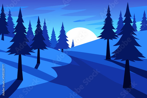 A cold winter landscape featuring snowy trees, a frosty forest, and a majestic snow-capped mountain scene