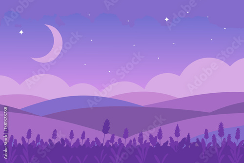 Blue night landscape with moon and stars, a dark nature silhouette illustration