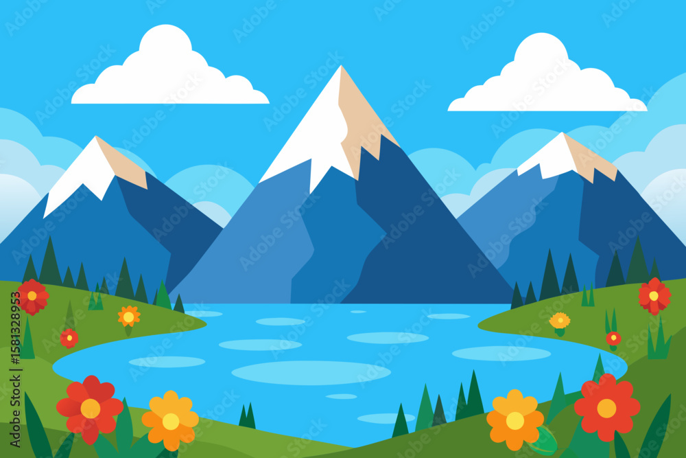 Naklejka premium Mountain landscape with a serene lake, green meadows, and a clear blue sky