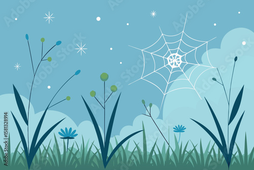Vector illustration of nature's seasonal beauty with grass and flowers, or a winter meadow scene, adorned with butterflies and delicate floral patterns for a festive or everyday design