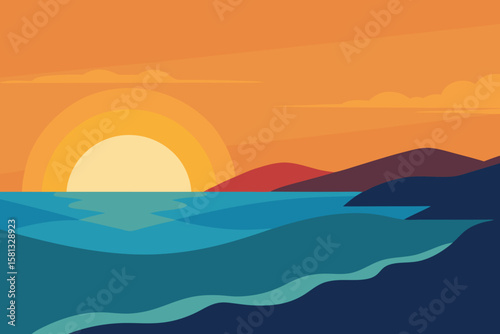 Golden sunset illuminates the ocean horizon, painting the sky with vibrant hues over the mountain landscape