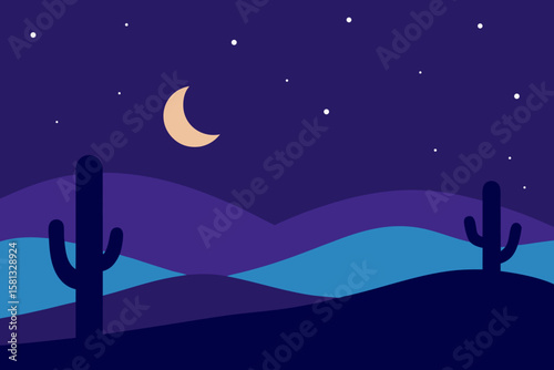 Moon and stars illuminate the dark night sky, a captivating blue winter landscape illustration
