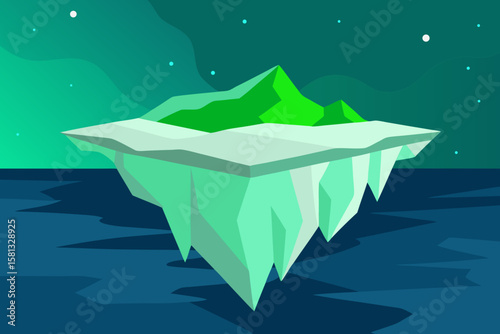 A solitary origami paper boat sails past a massive iceberg in the vast, blue ocean, symbolizing an idea of a small vessel on a big journey