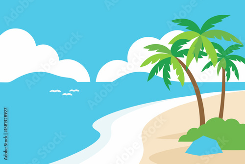Tropical paradise: sun-drenched beach with swaying palm trees, clear turquoise sea, and golden sand perfect for summer travel