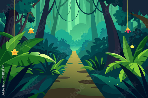 Tropical jungle landscape with green palm trees and plants, a vibrant illustration of nature's summer forest