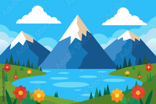 Mountain landscape with a serene lake, green meadows, and a clear blue sky