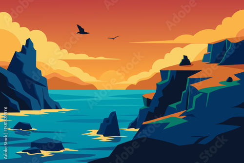 Golden sunset over mountains and the sea, with a vibrant sky, clouds, and a serene water landscape