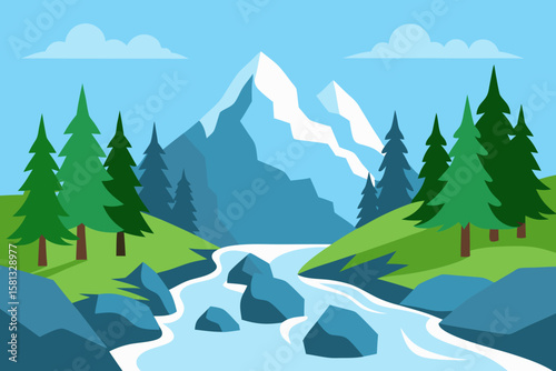 A cold winter landscape with snowy mountains, pine trees, and an icy forest scene under a clear sky