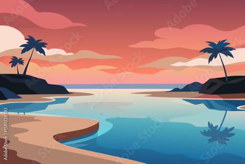 Golden sunset over a tropical beach with palm trees silhouetted against the sky and ocean, inviting summer vacation to paradise