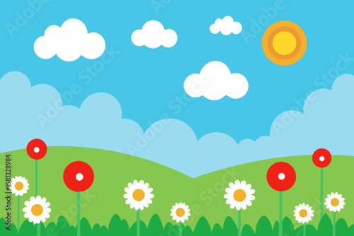 A vibrant summer meadow bursts with colorful flowers under a bright sky, a perfect illustration of nature's seasonal beauty