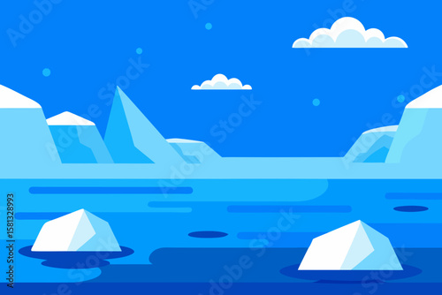 Colorful summer landscape illustration with a ship on the blue ocean, sun, and mountains