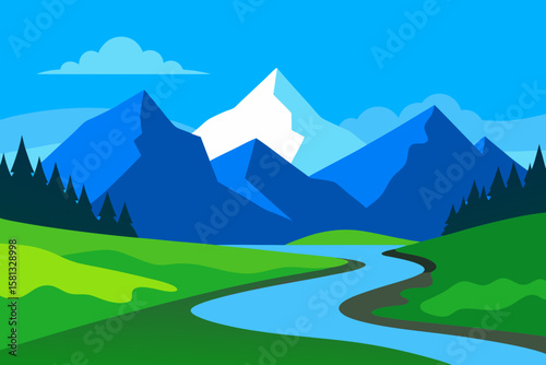 Mountain landscape with snowy peaks, blue sky, and a serene valley view