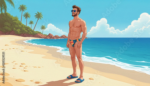 Illustration of handsome bearded man on beach wearing tropical floral print speedo