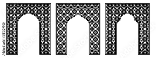 Islamic mashrabiya frame with ornamental arch and geometric lines, editable vector for cutting templates and panels