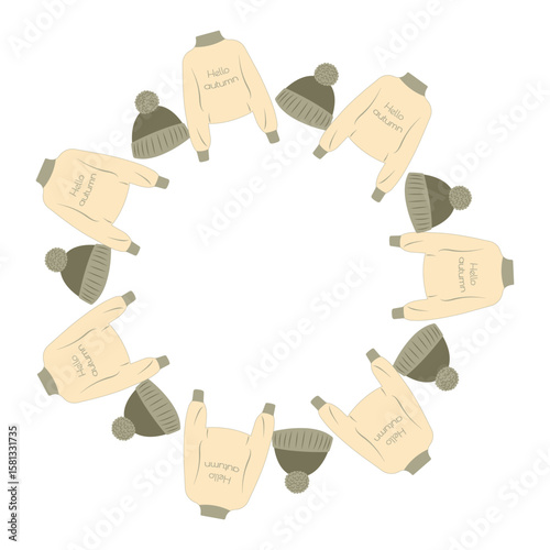 Flat style autumn illustration featuring a round frame of sweaters and caps. Hand drawn art for social media banners and greeting cards