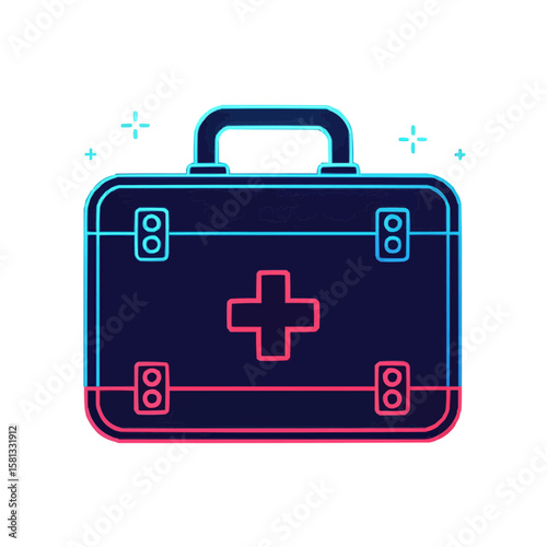 Neon first aid kit design with bright colors and medical cross symbol, healthcare concept, copy space
