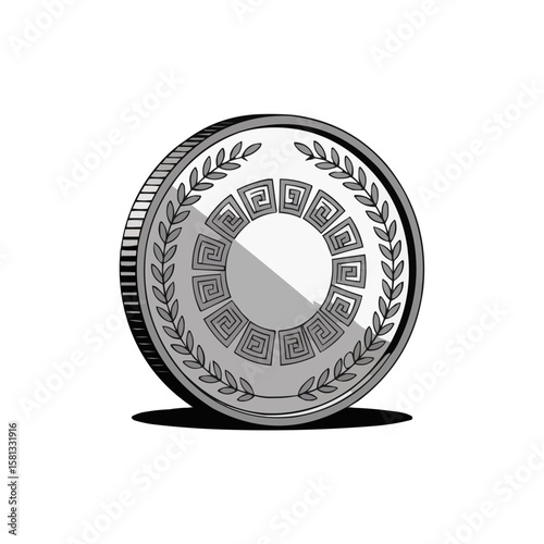 Silver coin design with decorative elements and Greek pattern, single object, copy space