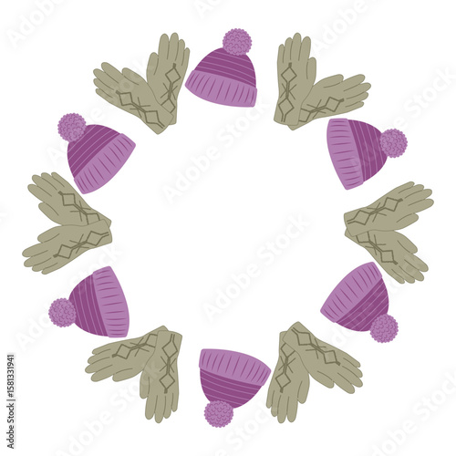 Autumn themed flat vector with a circular frame of hats and gloves. Hand drawn illustration for banners, posters and social media content