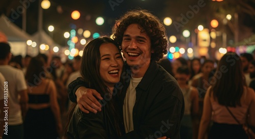 Young couple joyfully embracing in bustling night market illuminated by festive string lights