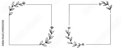 Square Frame with Corner Leaf and Flower Ornaments. Botanical Border for Text, Photo Decoration, Invitations, or Greeting Cards in Elegant Natural Design