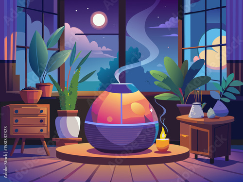 vector of Aroma diffuser releasing aromatic steam in cozy living room at dusk with ambient light and plants in the background, home wellness concept for family...
