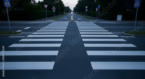 Pedestrian Crossing In Dim Light On An Empty Road With Street Signs