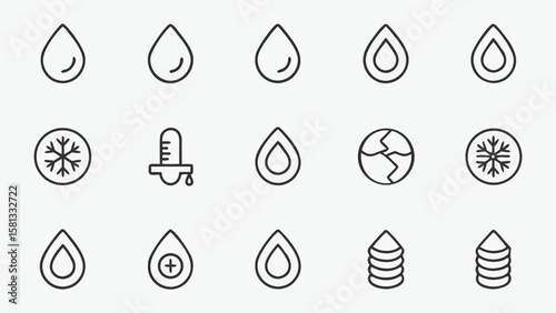 Set of clean line art icons representing water drops and related concepts