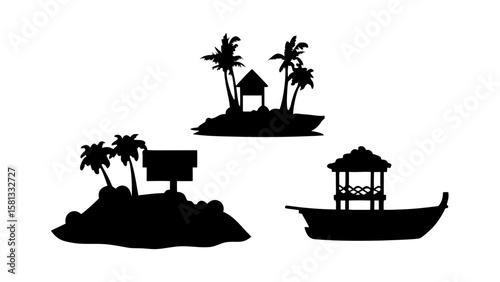 Tropical Island Silhouettes with Boats and Huts PNG Transparent Background
