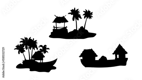 Tropical Island Silhouettes with Boats and Huts PNG Transparent Background