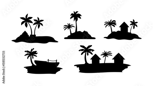 Tropical Island Silhouettes with Boats and Huts PNG Transparent Background