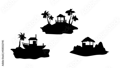 Tropical Island Silhouettes with Boats and Huts PNG Transparent Background