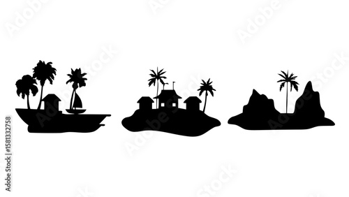 Tropical Island Silhouettes with Boats and Huts PNG Transparent Background