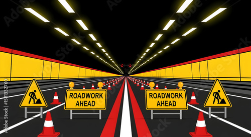 Roadwork Ahead Signs In Tunnel With Cones Indicating Construction Warning