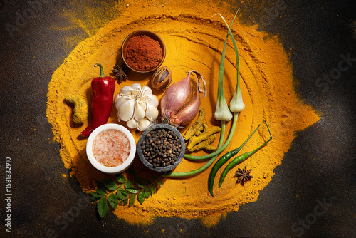 Spices on a bed of turmeric 