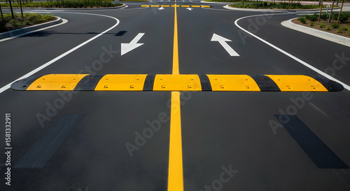 Road Markings And Speed Bump At Intersection Guiding Vehicles With Arrows
