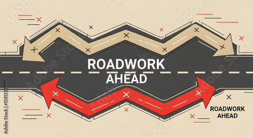Roadwork Ahead Traffic Sign with Arrows Design to Communicate a Road Construction Area