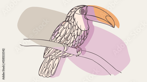 Illustration of a toucan perched on a branch with a colorful beak and decorative wing feather patterns design