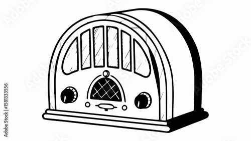 Illustration of a vintage radio with arched top and knobs in black and white outline style design element