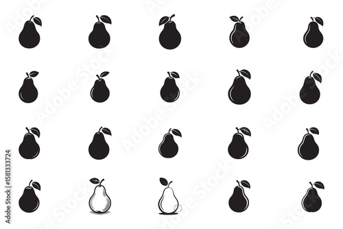 Pear fruit icons with leaves in black and white silhouette leaf