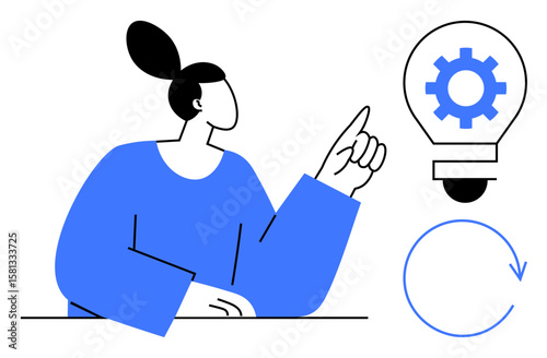 Female figure points at a lightbulb with a cogwheel and a recycling arrow, representing creativity, innovation, problem-solving, sustainability, workflow, brainstorming, and continuous improvement in