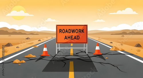 Roadwork Ahead Warning Sign on Cracked Asphalt Highway Illustration Graphic