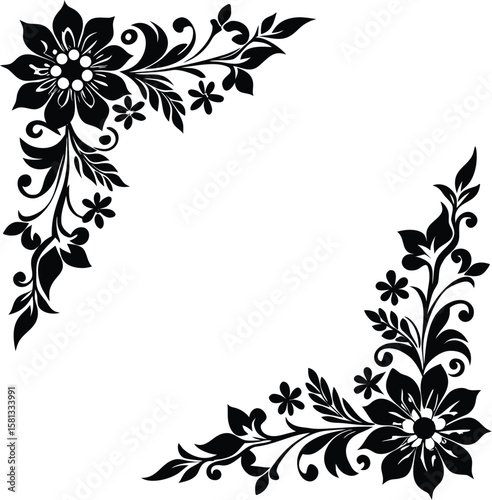 Black And White Floral Ornament Silhouette For Corner