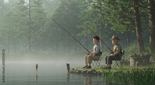 Two young friends enjoying a peaceful morning fishing trip on a serene, misty lake surrounded by a pine forest.