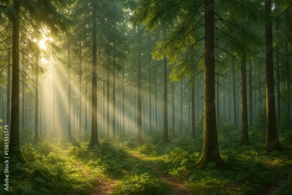 Fototapeta premium A photorealistic forest panorama with sun rays shining through tall trees, creating a misty and vibrant morning atmosphere.