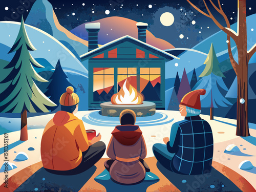 vector of A gathering of three is seen from behind, warming up by the fire in a cozy retreat on a snowy winter evening.